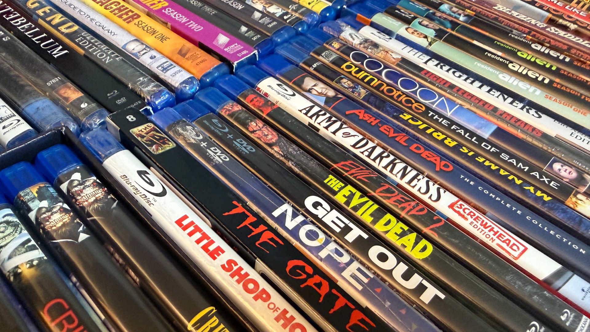 A shot of the spines of a bunch of Blu-rays