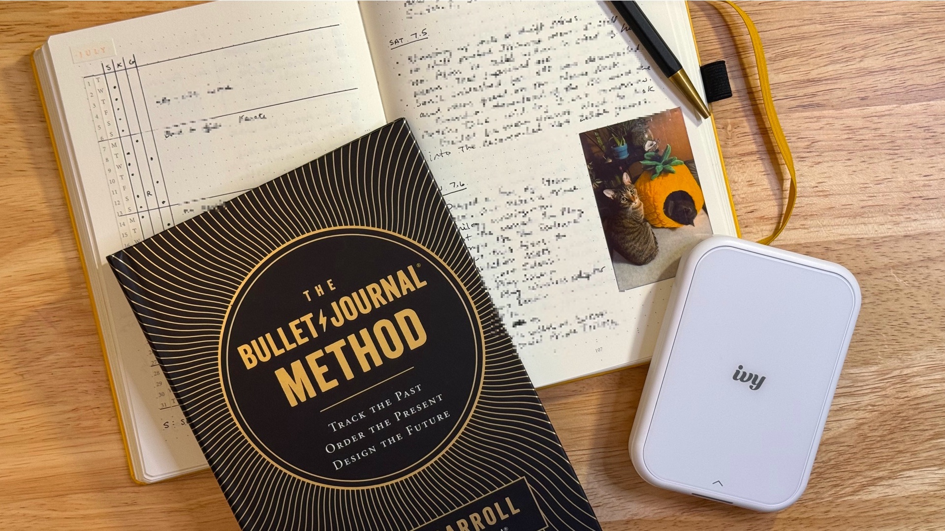 My various journals, the Bullet Journal book, and the Ivy printer
