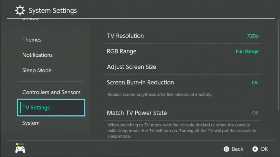 Screenshot of Switch video settings