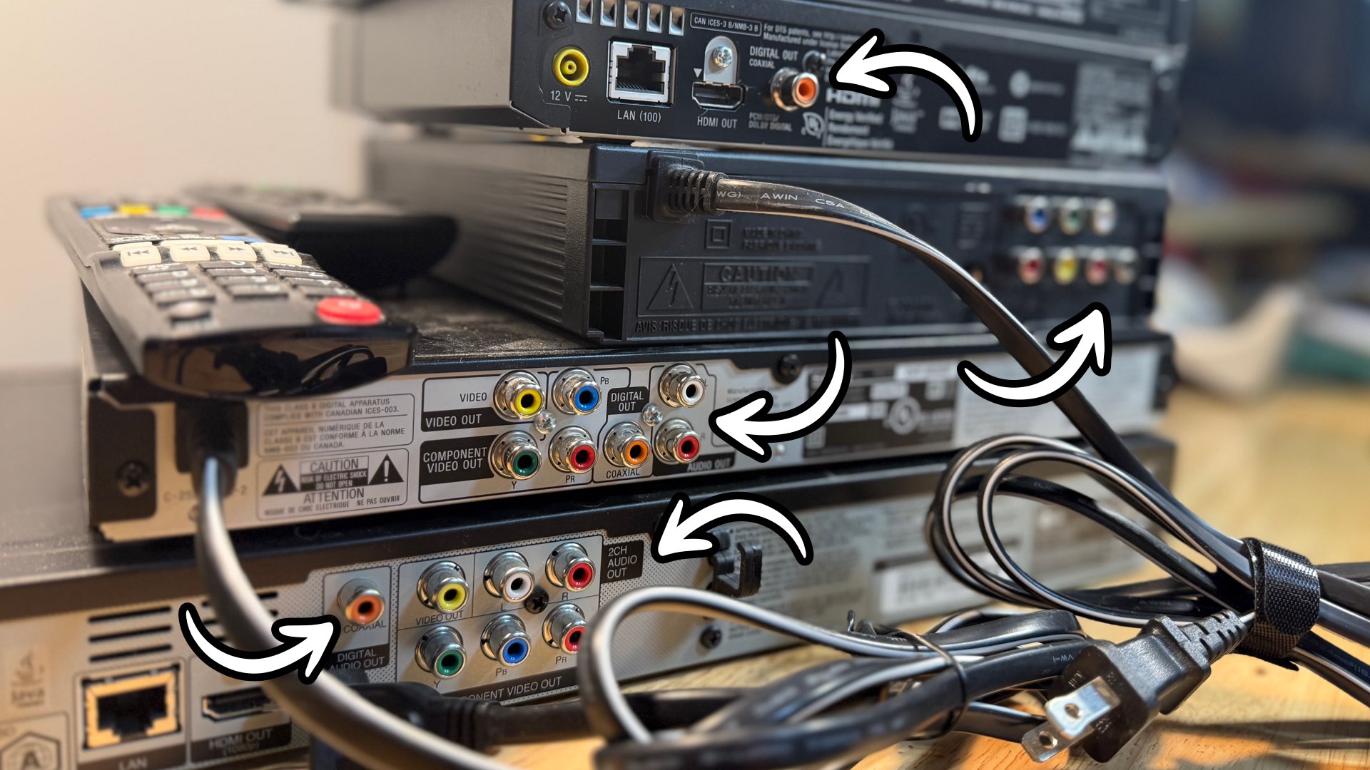 A stack of DVD/BR players from the backside showing ports