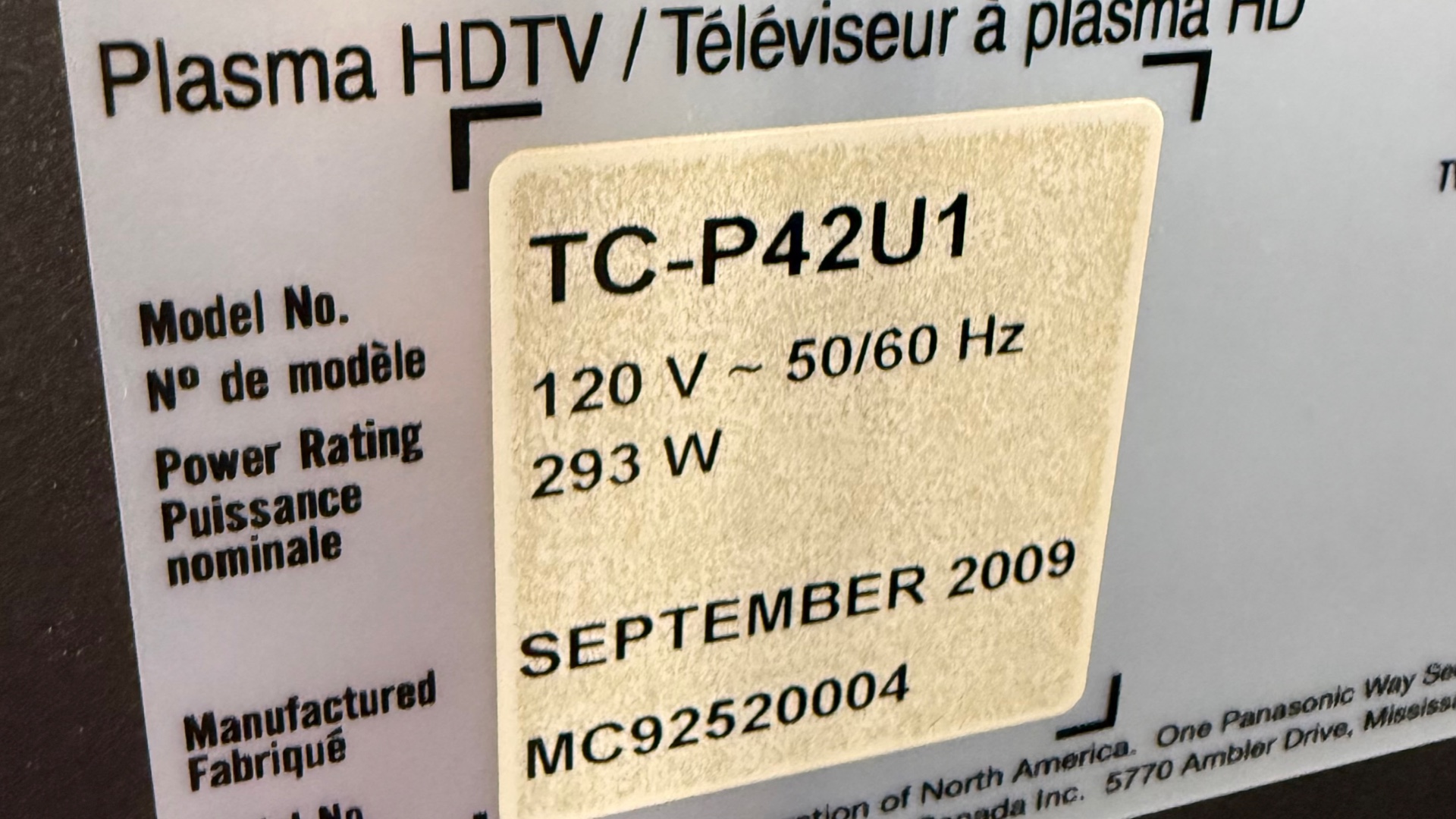 Photo of the back label of TV