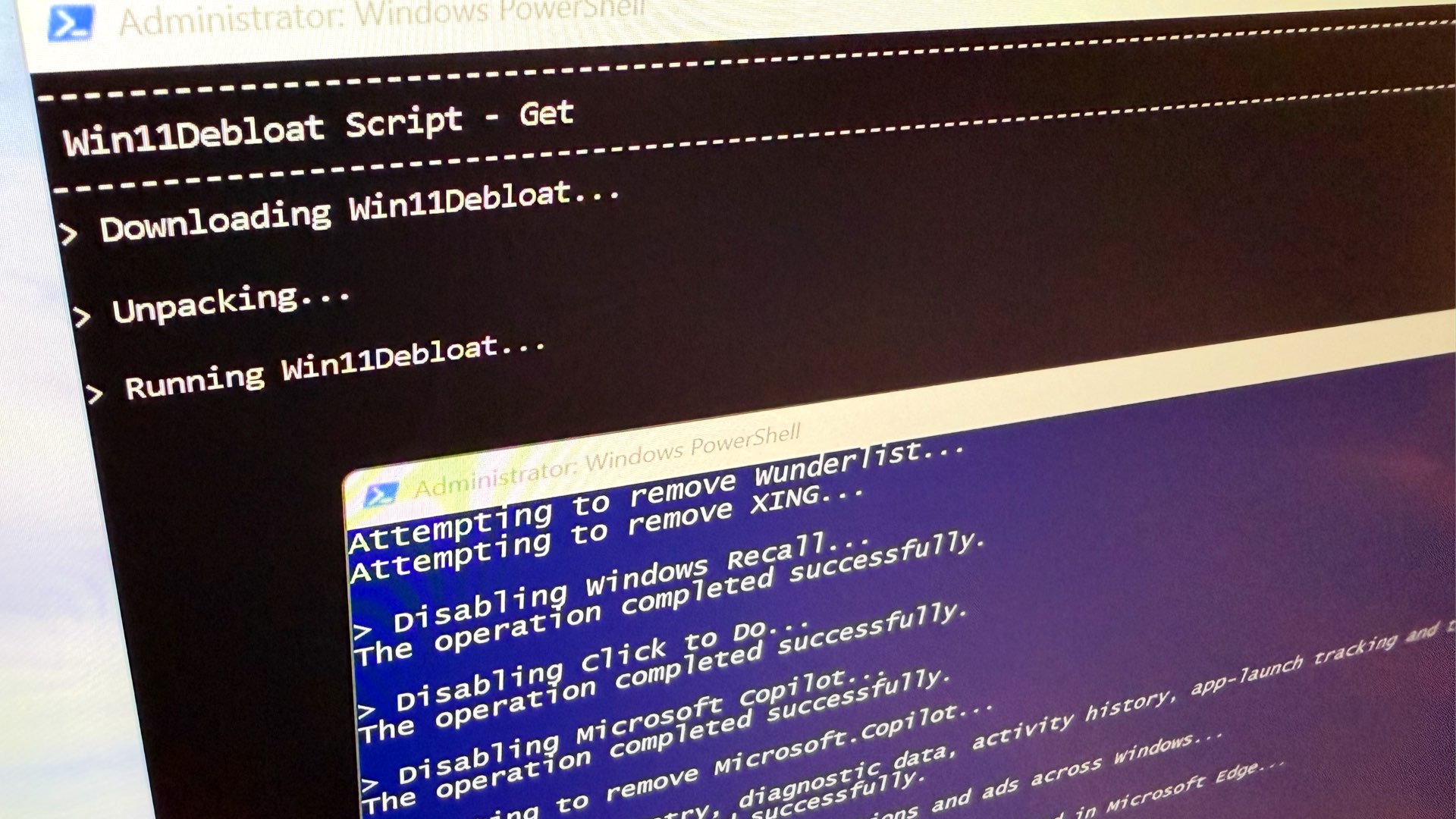 Photo of the debloat script in the terminal.